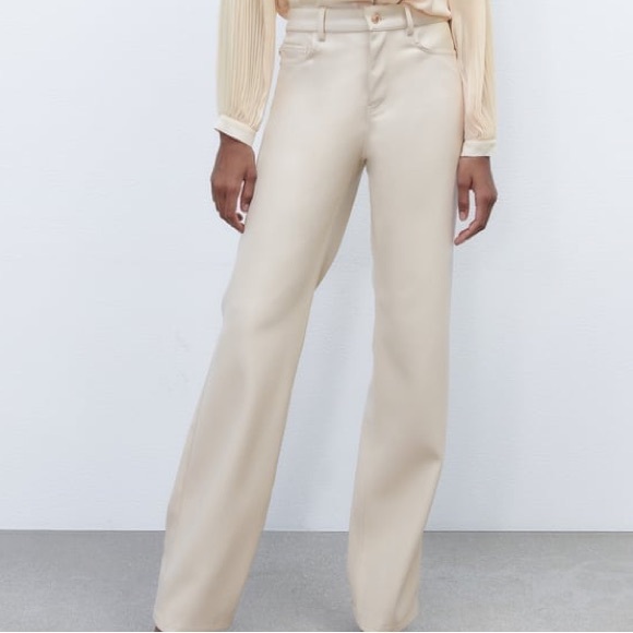 ZARA FAUX LEATHER PANTS, TAGS ATTACHED, NEVER WORN! Size 32! CREAM/BIEGE - Picture 1 of 6